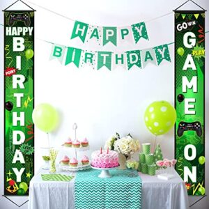 Game On Birthday Banner Video Game Birthday Party Decorations Game Controller Door Sign Happy Birthday Backdrop Banners Miner Gamer Birthday Party Background Block Night Decoration