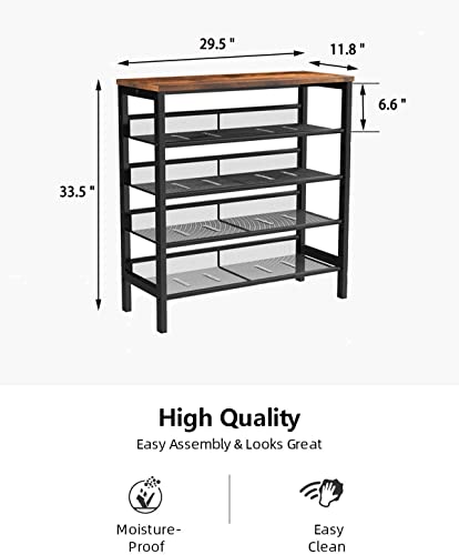 MIERES 5-Tier Shoe Rack, Industrial Shoe Storage Organizer with 4 Metal Mesh Shelves, Sturdy and Easy Assembly, Perfect for Entryway/Hallway/Closet/Bedroom, Rustic Brown, 29.5”l x11.8 ”w x 33.5”h