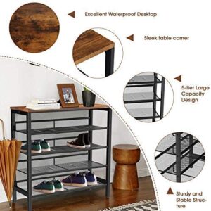 MIERES 5-Tier Shoe Rack, Industrial Shoe Storage Organizer with 4 Metal Mesh Shelves, Sturdy and Easy Assembly, Perfect for Entryway/Hallway/Closet/Bedroom, Rustic Brown, 29.5”l x11.8 ”w x 33.5”h