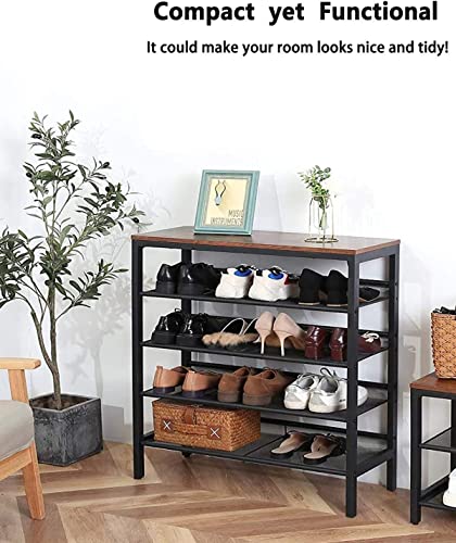 MIERES 5-Tier Shoe Rack, Industrial Shoe Storage Organizer with 4 Metal Mesh Shelves, Sturdy and Easy Assembly, Perfect for Entryway/Hallway/Closet/Bedroom, Rustic Brown, 29.5”l x11.8 ”w x 33.5”h