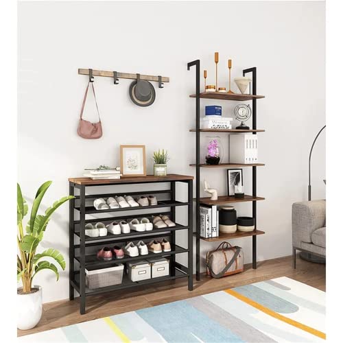 MIERES 5-Tier Shoe Rack, Industrial Shoe Storage Organizer with 4 Metal Mesh Shelves, Sturdy and Easy Assembly, Perfect for Entryway/Hallway/Closet/Bedroom, Rustic Brown, 29.5”l x11.8 ”w x 33.5”h