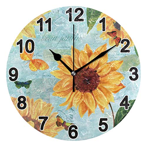 KEIGE Sunflower Flowers Fall Wall Clock 9.8 Inch Non Ticking for Girl Boy Bedroom Acrylic Round Clock for Bathroom Kitchen Living Room Office 2110047