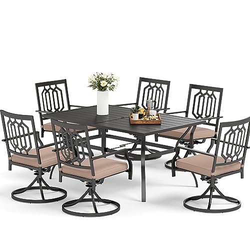 MFSTUDIO 7-Piece Metal Outdoor Patio Dining Furniture Set with 6 Swivel Armrest Chairs and Steel Frame Slat Larger Rectangular Table with 1.57 Umbrella Hole for Poolside, Porch, Backyard