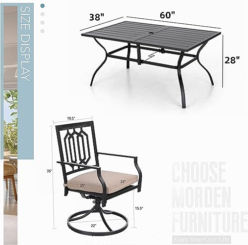 MFSTUDIO 7-Piece Metal Outdoor Patio Dining Furniture Set with 6 Swivel Armrest Chairs and Steel Frame Slat Larger Rectangular Table with 1.57 Umbrella Hole for Poolside, Porch, Backyard