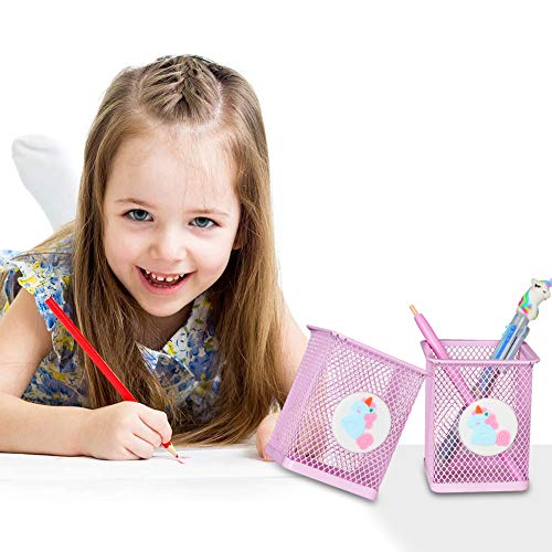 Trycooling Pen Holder Cute Pencil Holder for Kids Girls Mesh Pen Cup Holder Stand Desk Organizer Unicorn Makeup Pencil Holder for Office,School,Home,Pink Pencil Holder (2 Pack Square)