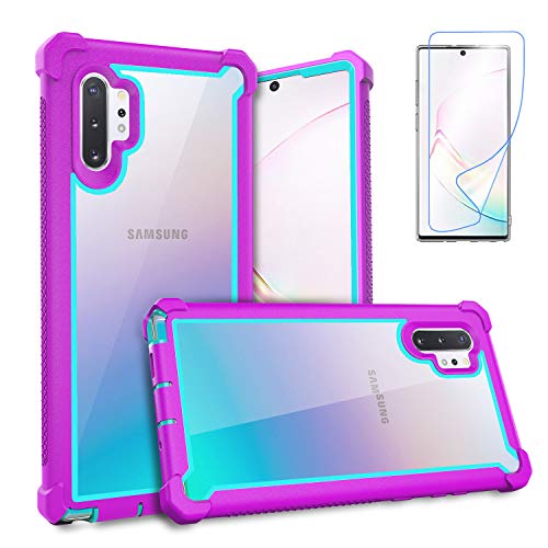 KSELF Case for Samsung Galaxy Note 10 Plus Case With Screen Protector, Full Body Protective Hybrid Dual layer Shockproof Acrylic Back Case Cover for Galaxy Note 10 Plus 5G 6.8 inch (Purple Light Blue)