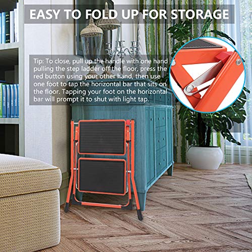 LUISLADDERS 2 Step Ladder Small Folding Step Stool Sturdy Steel Ladder for Adults or Kids with Non-Slip Pedal, Multi-Use for Home and Kitchen