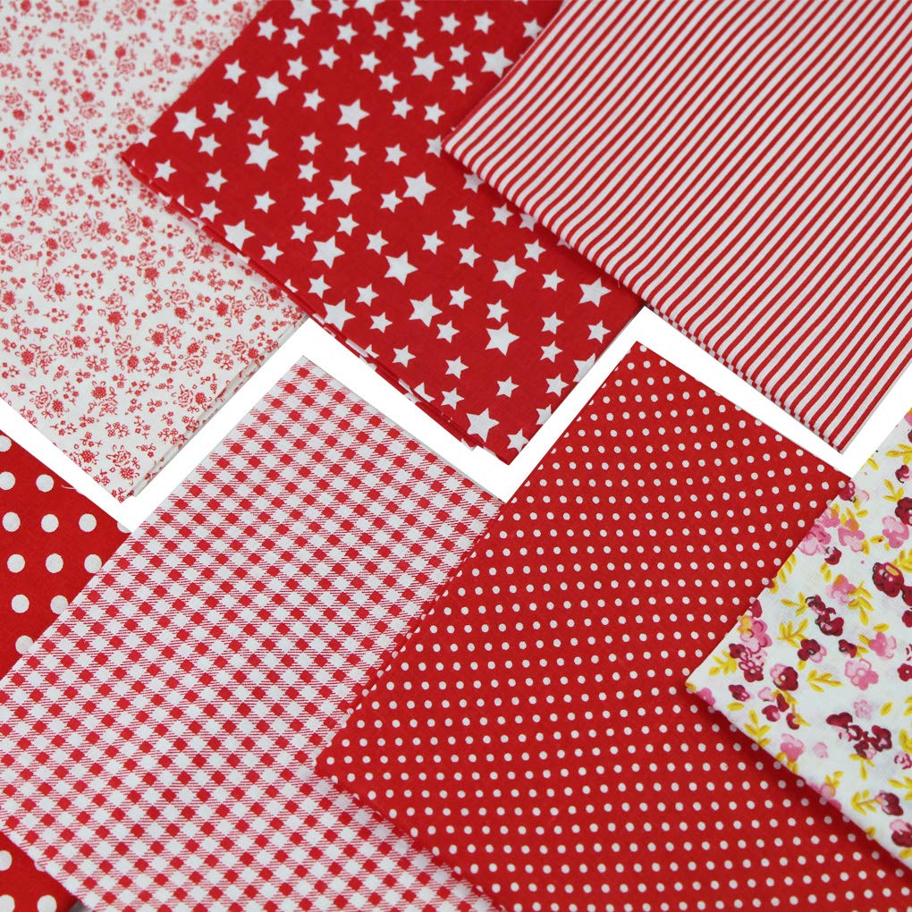 Jukway 7PCS Different Patterns Printed Cotton Fabric Squares 50 cm x 50 cm Handmade Craft Cloths Bundle for Sewing Patchwork, Quilting, DIY Scrapbooking Tissue (Red)