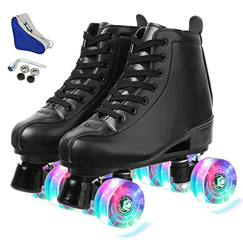 Women's Derby Roller Skates Light Up Wheels, Florescent Adjustable Outdoor PU Leather Double Row Roller Skates Wheels for Teens and Youth (Black Flash Wheel,6)