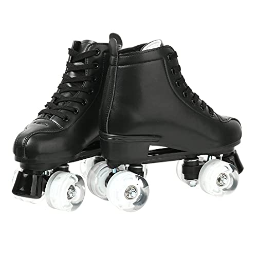 Women's Derby Roller Skates Light Up Wheels, Florescent Adjustable Outdoor PU Leather Double Row Roller Skates Wheels for Teens and Youth (Black Flash Wheel,6)