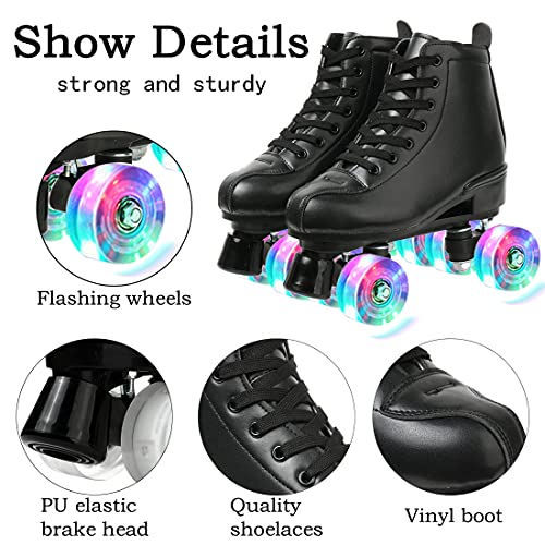 Women's Derby Roller Skates Light Up Wheels, Florescent Adjustable Outdoor PU Leather Double Row Roller Skates Wheels for Teens and Youth (Black Flash Wheel,6)