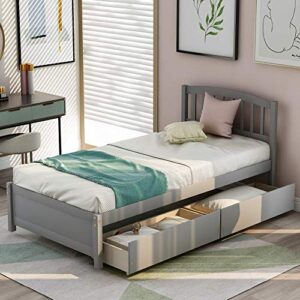 harper & bright designs twin storage bed frame, wood platform bed with two drawers and headboard, grey