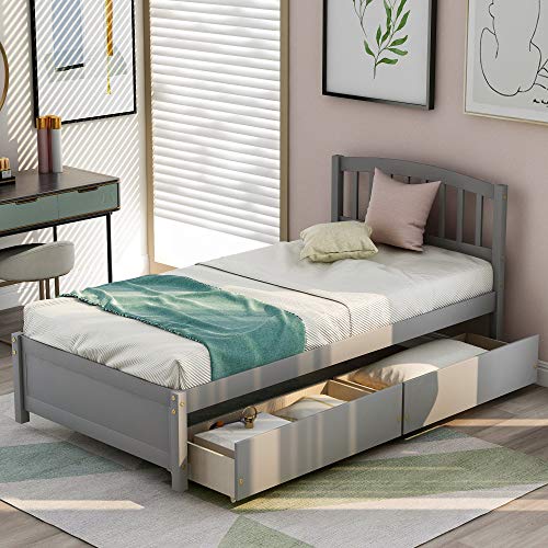 Harper & Bright Designs Twin Storage Bed Frame, Wood Platform Bed with Two Drawers and Headboard, Grey