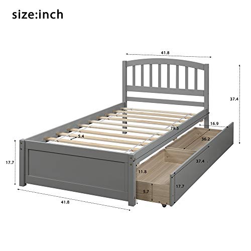 Harper & Bright Designs Twin Storage Bed Frame, Wood Platform Bed with Two Drawers and Headboard, Grey