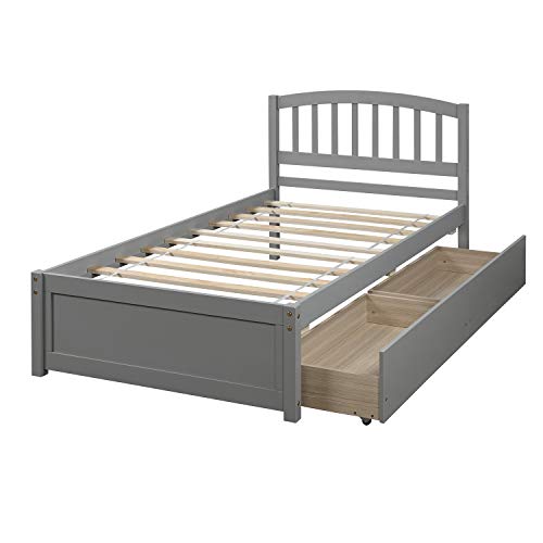 Harper & Bright Designs Twin Storage Bed Frame, Wood Platform Bed with Two Drawers and Headboard, Grey