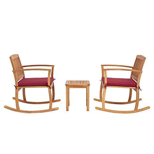 Kinsunny 3 Piece Wood Patio Bistro Rocking Chairs Outdoor Chat Wooden Rocker Conversation Set with Cushions and End Table for Garden, Pool, Backyard