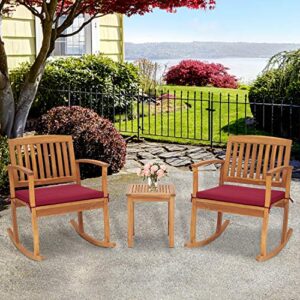 Kinsunny 3 Piece Wood Patio Bistro Rocking Chairs Outdoor Chat Wooden Rocker Conversation Set with Cushions and End Table for Garden, Pool, Backyard