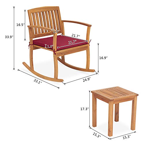 Kinsunny 3 Piece Wood Patio Bistro Rocking Chairs Outdoor Chat Wooden Rocker Conversation Set with Cushions and End Table for Garden, Pool, Backyard