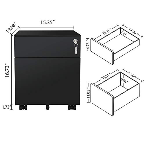 HAIAOJIA 2 Drawer Mobile File Cabinet with Lock Metal Filing Cabinet for Legal/Letter/A4/F4 Size, Fully Assembled Include Wheels, Home/Office Design, Black