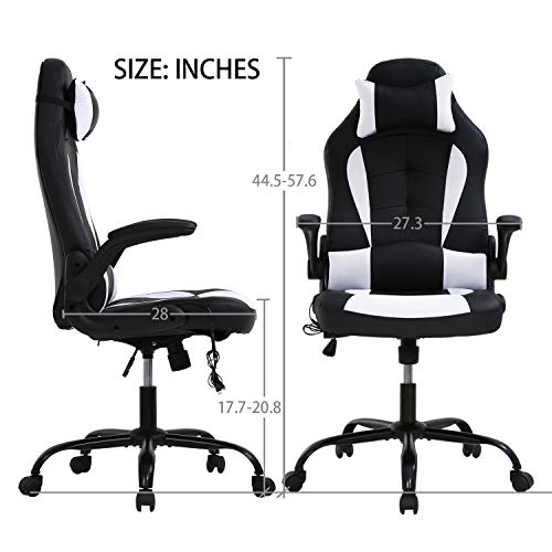 HCB Office Chair, Gaming Chair, Ergonomic Computer Desk Chair High Back Rolling Swivel Height Adjustable with Flip-Up Arms, Headrest and Lumbar Support, Massager, Leather （White）