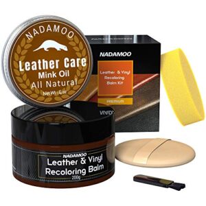 nadamoo dark brown leather recoloring balm with mink oil leather conditioner, leather repair kits for couches, restoration cream scratch repair leather dye for vinyl furniture car seat, sofa, shoes