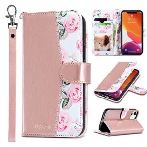ulak compatible with iphone 12 wallet case for women, premium pu leather iphone 12 pro flip cover with card holder, wrist strap, kickstand shockproof phone case for iphone 12/12 pro 6.1, rose flower
