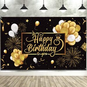 blulu happy birthday backdrop banner sign poster large fabric glitter balloon fireworks sign birthday photo backdrop background for birthday party decoration supplies, 72.8 x 43.3in (black and gold)