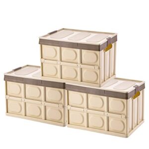 foldable storage boxes with lids [3-pack] collapsible plastic storage bins organizer containers baskets cub with cover,stackable utility crates storage box (brown, 30l)