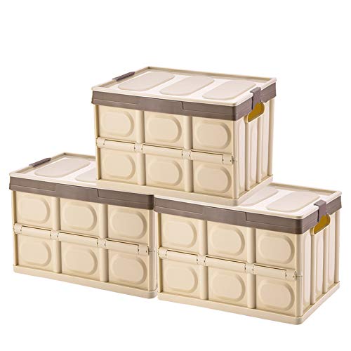 Foldable Storage Boxes with Lids [3-Pack] Collapsible Plastic Storage Bins Organizer Containers Baskets Cub with Cover,Stackable Utility Crates Storage Box (Brown, 30L)