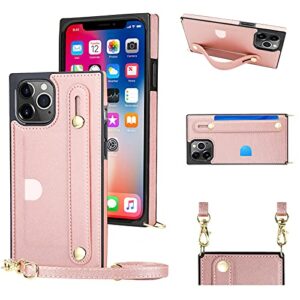 kihuwey compatible with iphone 12 iphone 12 pro crossbody wallet case with credit card holder, protective kickstand cover case 6.1 ihch (rose gold)