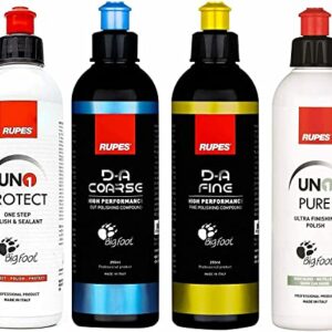 RUPES The Clean Garage New DA System Combo Kit | 4 250ml Bottles | Polish & Compound| Clean Garage Decal Included