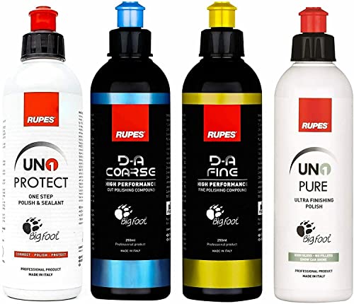 RUPES The Clean Garage New DA System Combo Kit | 4 250ml Bottles | Polish & Compound| Clean Garage Decal Included