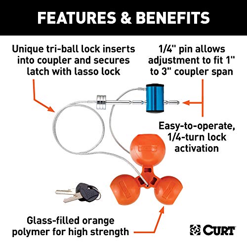 CURT 23082 Universal Tri-Ball Trailer Coupler Lock, Fits 1-7/8, 2, 2-5/16-Inch, Orange
