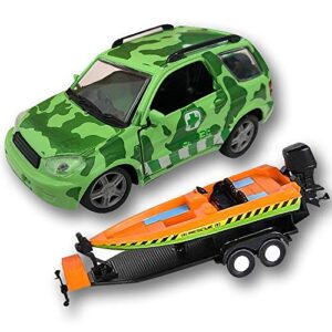 artcreativity suv toy car with trailer and speedboat playset for kids, interactive jungle play set with detachable speed boat and opening doors on 4 x 4 toy truck, best birthday gift for boys & girls