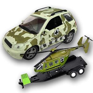 artcreativity suv toy car with trailer and helicopter playset for kids, interactive northern trek play set with detachable helicopter & opening doors on 4 x 4 car, best birthday gift for boys & girls