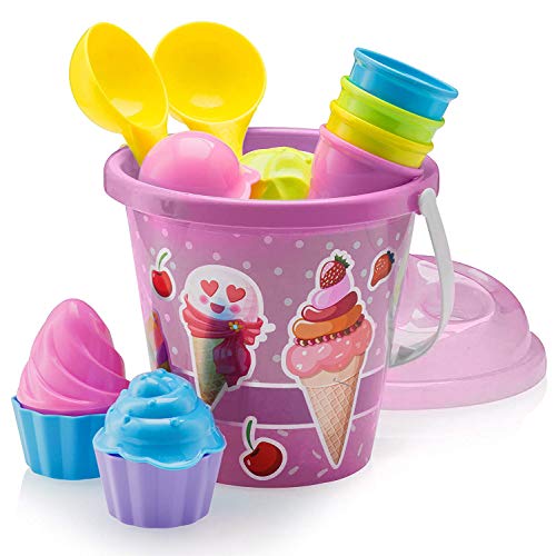 Top Race Ice Cream Sand Toys for Kids with Large 9" Bucket Pail and Spade Scoop Shovels - Kid Beach Toys | 16pcs (Pink) Ice Cream Playset for Kids Ages 1.5 - 9 | Great Ice Cream Sand Toy