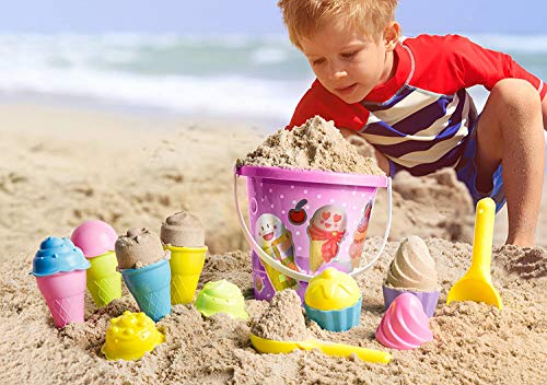 Top Race Ice Cream Sand Toys for Kids with Large 9" Bucket Pail and Spade Scoop Shovels - Kid Beach Toys | 16pcs (Pink) Ice Cream Playset for Kids Ages 1.5 - 9 | Great Ice Cream Sand Toy