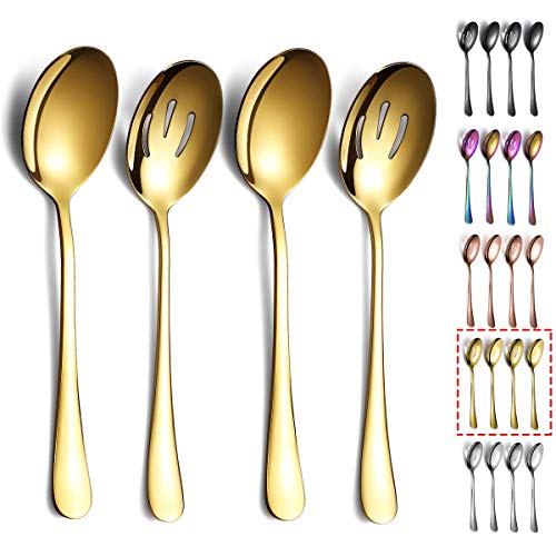 Gold Serving Spoons 4 Pieces, Kyraton Titanium Plating Serving Spoon, Include 2 Serving Spoon And 2 Slotted Spoons, Stainless Steel Serving Utensils, Serving Set Packing of 4