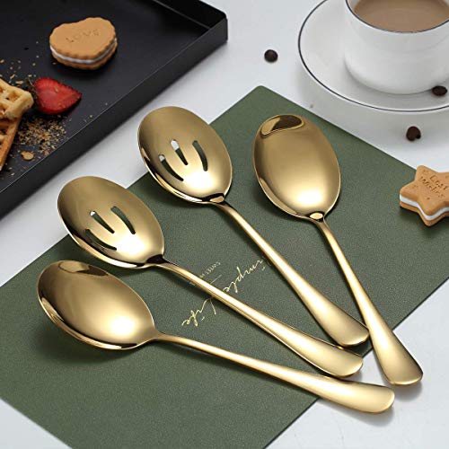 Gold Serving Spoons 4 Pieces, Kyraton Titanium Plating Serving Spoon, Include 2 Serving Spoon And 2 Slotted Spoons, Stainless Steel Serving Utensils, Serving Set Packing of 4