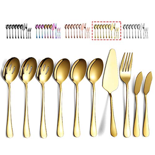 Gold Serving Spoons 10 Pieces, Kyraton Serving Utensils, Serving Set Include 3 Serving Spoon, 3 Slotted Spoon, 1 Serving Fork, 1 Cake Server, 2 Butter Knife Spreaders