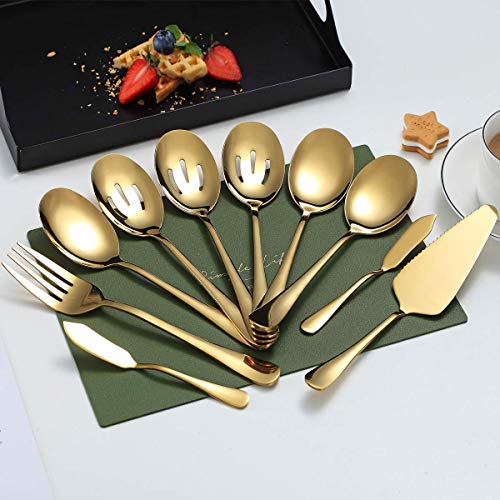 Gold Serving Spoons 10 Pieces, Kyraton Serving Utensils, Serving Set Include 3 Serving Spoon, 3 Slotted Spoon, 1 Serving Fork, 1 Cake Server, 2 Butter Knife Spreaders