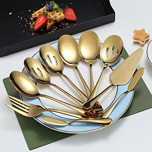 Gold Serving Spoons 10 Pieces, Kyraton Serving Utensils, Serving Set Include 3 Serving Spoon, 3 Slotted Spoon, 1 Serving Fork, 1 Cake Server, 2 Butter Knife Spreaders