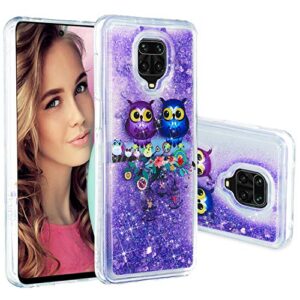oopkins glitter liquid case for redmi note 9 pro sparkle floating shiny quicksand clear soft tpu silicone shockproof protective bumper thin cover for redmi note 9 pro/9s bling couple owl xy