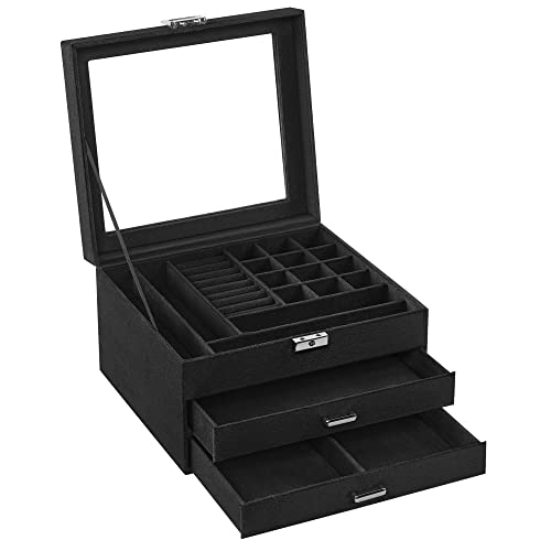 SONGMICS Jewelry Box, Lockable Jewelry Storage Organizer, Jewelry Case with Glass Window, for Rings, Earrings, Studs, Bracelets, Necklaces, Black UJBC158B01