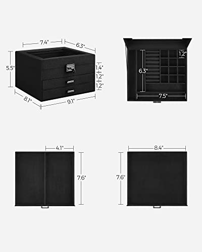 SONGMICS Jewelry Box, Lockable Jewelry Storage Organizer, Jewelry Case with Glass Window, for Rings, Earrings, Studs, Bracelets, Necklaces, Black UJBC158B01