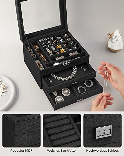 SONGMICS Jewelry Box, Lockable Jewelry Storage Organizer, Jewelry Case with Glass Window, for Rings, Earrings, Studs, Bracelets, Necklaces, Black UJBC158B01