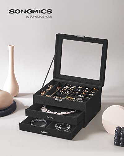 SONGMICS Jewelry Box, Lockable Jewelry Storage Organizer, Jewelry Case with Glass Window, for Rings, Earrings, Studs, Bracelets, Necklaces, Black UJBC158B01