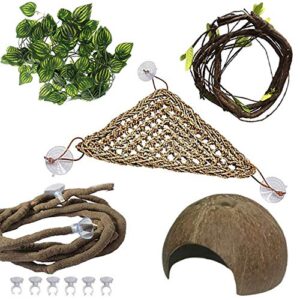 pinvnby bearded dragon tank accessories,lizard habitat hammock reptile natural coconut shell cave jungle climber bendable vines leaves decor for gecko chameleon snakes lizards(5 pcs)