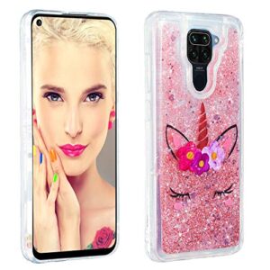 OOPKINS Glitter Liquid Case for Redmi Note 9 Sparkle Floating Shiny Quicksand Clear Soft TPU Silicone Shockproof Protective Bumper Thin Cover for Redmi Note 9 Bling Eyelash Unicorn XY