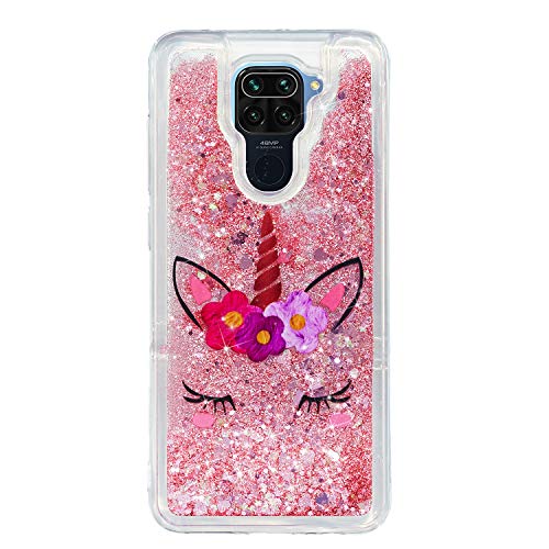 OOPKINS Glitter Liquid Case for Redmi Note 9 Sparkle Floating Shiny Quicksand Clear Soft TPU Silicone Shockproof Protective Bumper Thin Cover for Redmi Note 9 Bling Eyelash Unicorn XY